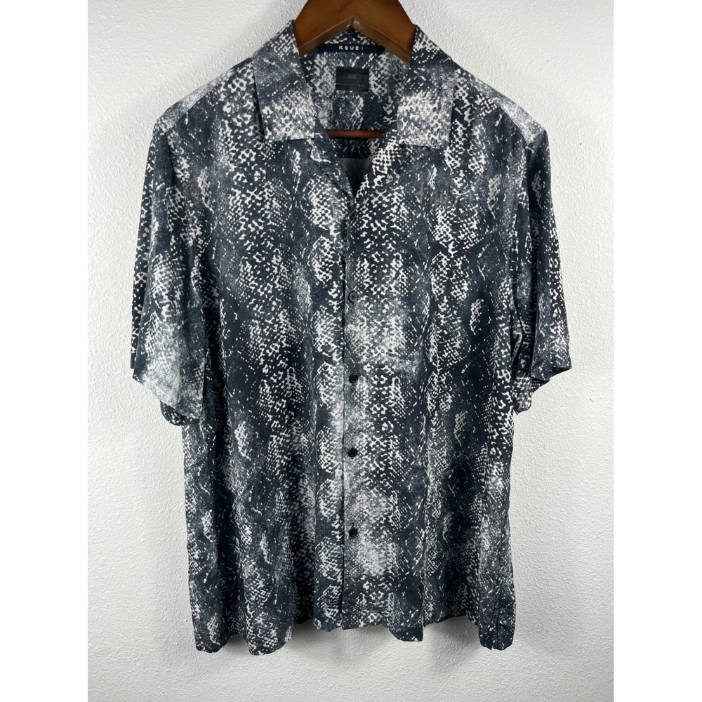 Ksubi Mens Snakeskin Print Tencel Short Sleeve Button Down Shirt Black White XL